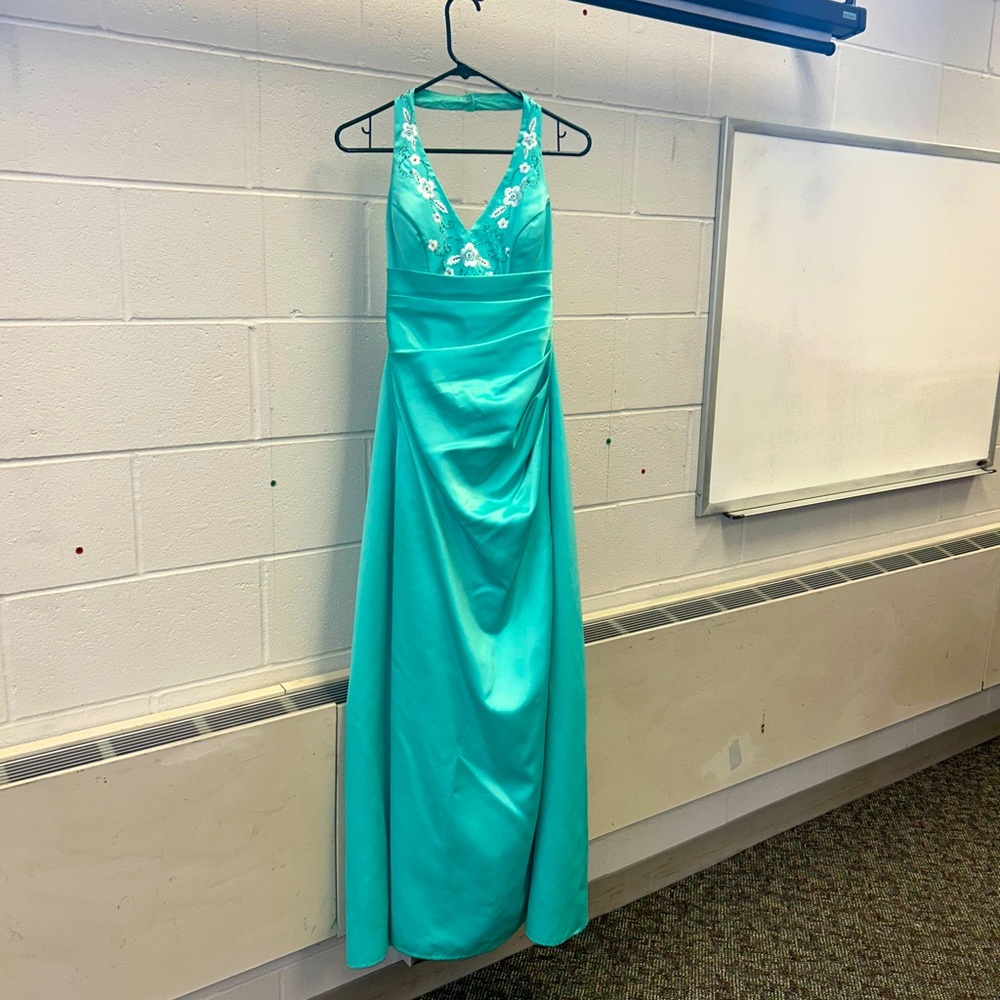 Morgan & co, turquoise dress with floral details, size 5/6